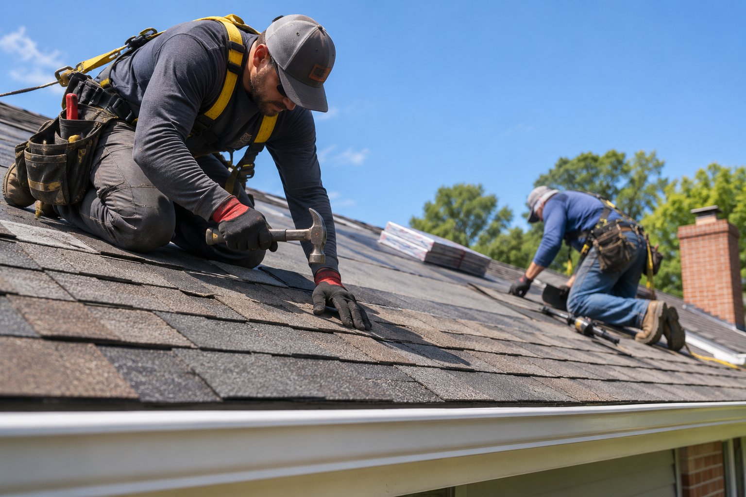 Two roof repairers working on a rooftop.