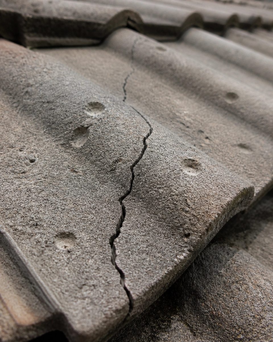 A macro photograph of a damaged concrete roof tile in Austin showing a sharp crack and hail impact pits