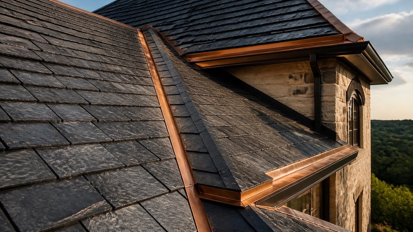 Close-up of a dark synthetic slate roof with copper valley and ridge flashing