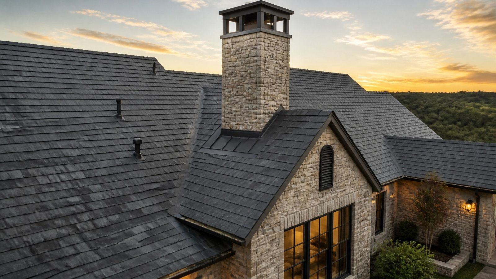 A dark DaVinci synthetic slate roof on a Hill Country limestone home at dusk, with a stone chimney