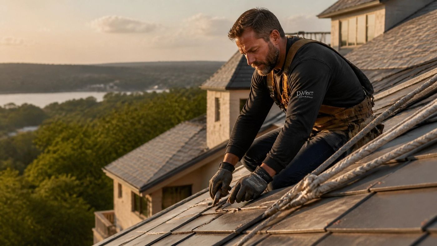 A roofer hand-setting synthetic slate tiles on an Austin-area roof at golden hour