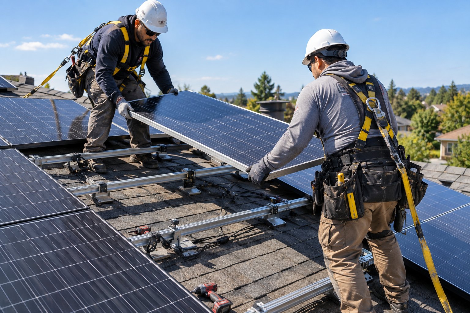 Workers taking off a solar panel off of a roof structure.