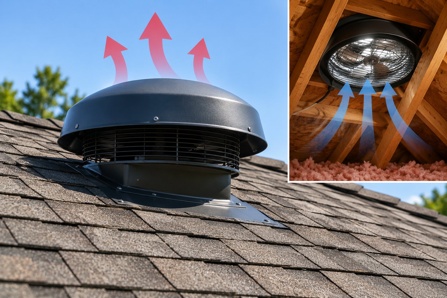 Attic fan unit showing the roof unit blowing hot air out and the underside fan drawing cold air in.