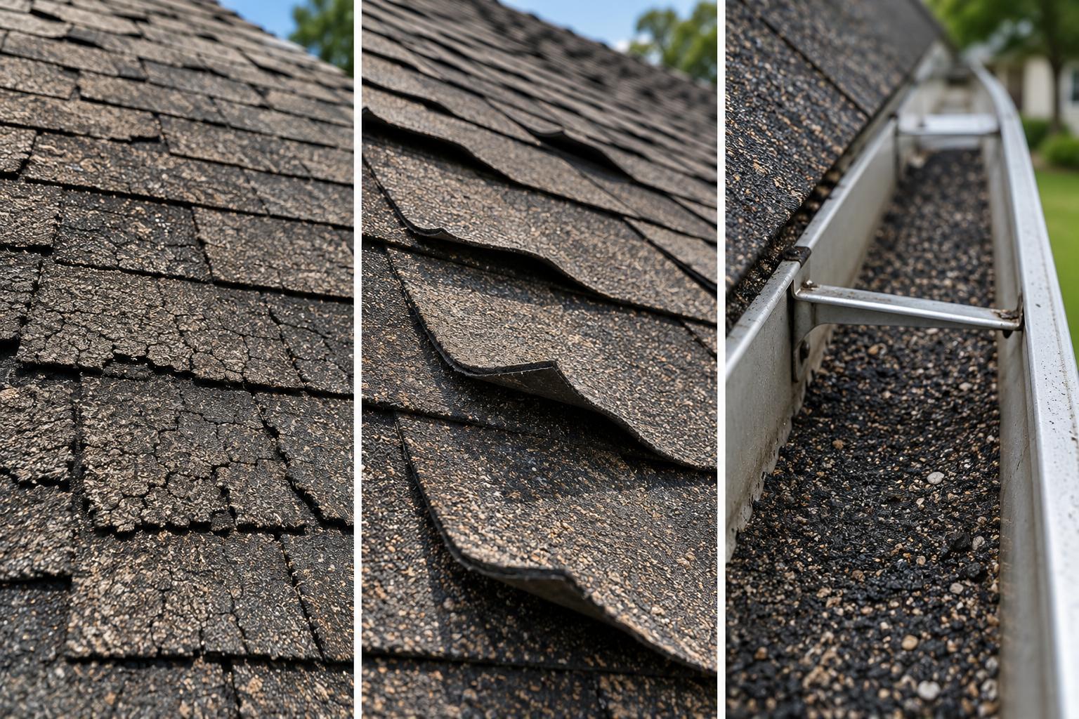 Brittle shingles, curled edges, and granules in the gutters.
