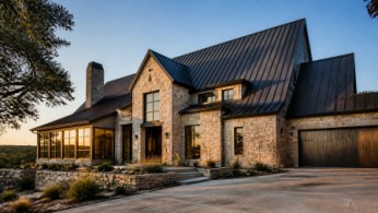 Stone Hill Country home in the Austin area with a dark standing seam metal roof