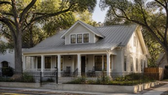 White Central Texas farmhouse with a standing seam metal roof and a covered front porch