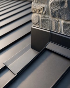 Hand-formed valley and step flashing on a dark standing seam metal roof