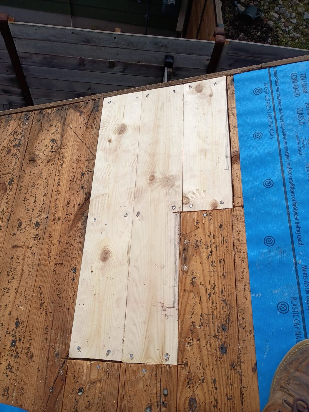 New plywood decking with the blue ice and water shield visible across the edge before underlayment goes down, photographed on a recent Austin Metro reroof. Filed as a code upgrade under Ordinance and Law.